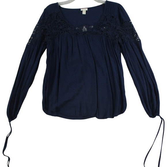 hinge Tops - Hinge Navy Blue Lace Yoke Clip Dot Long Sleeve Tie Cuff Blouse XS